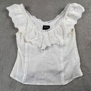 Cottagecore 100% Cotton Ruffle Top Womens Large White Gauze Boho Blouse